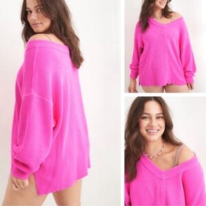 aerie hot pink v neck oversized sweater size small